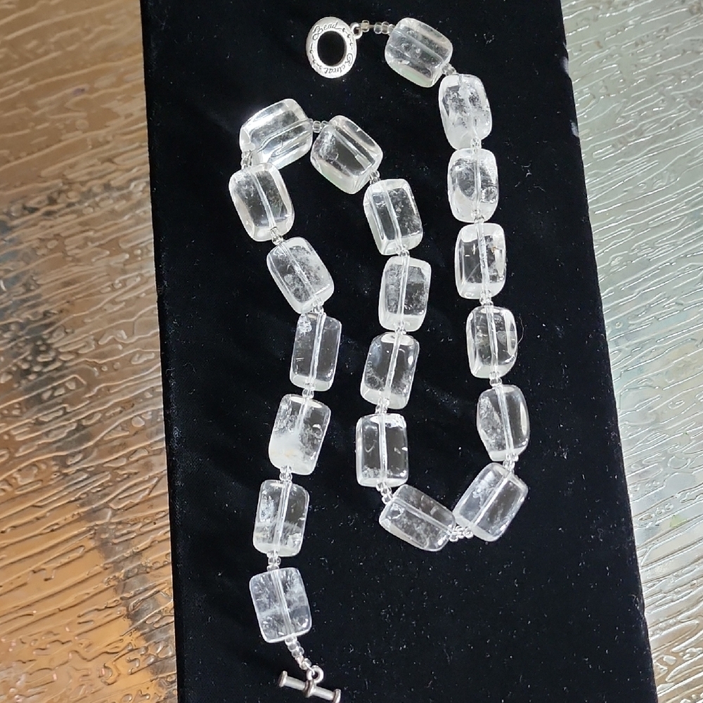 Vtg.Cubed Rock Crystal Quartz Necklace silver Toggle Clasp Clear NaturalCrystal